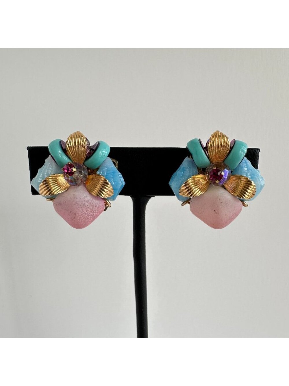 Vintage Pastel Bead Cluster Clip Earrings Gold Shell Pink Blue Aqua Rhinestone